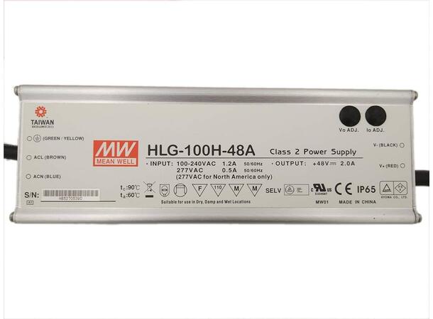 MEANWELLStrømforsyning CV+ CC 100W, IP65 44 - 53V CV, 1.25 - 2.0A CC