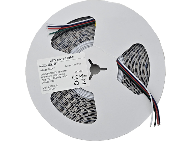 SBL 24V RGB+2700K LED Strip, 14,4W/m 10m, 12mm, 96 LED/m, CV, Hvit PCB 
