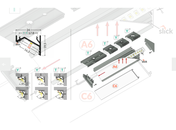TOPMET Aluprofil Corner16 24x19.5mm Alu 2m, C6 Opal diffusor 