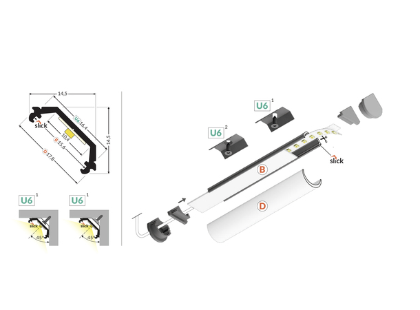TOPMET Aluprofil Quarter10_D 14,5x14,5mm 2m, Alu, Opal diffusor, Set