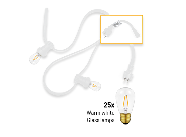 BEKAFUN Lyslenke E27 Flat 25m, 100cm Spacing, Hvit, inkl. pærer 
