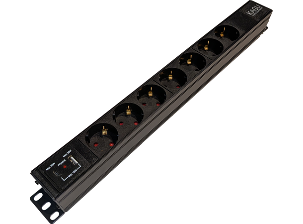 KAGU 19" Rackstrøm 1U USB A&C (30W) 7 veis Schuko, True1 inn/Thru 