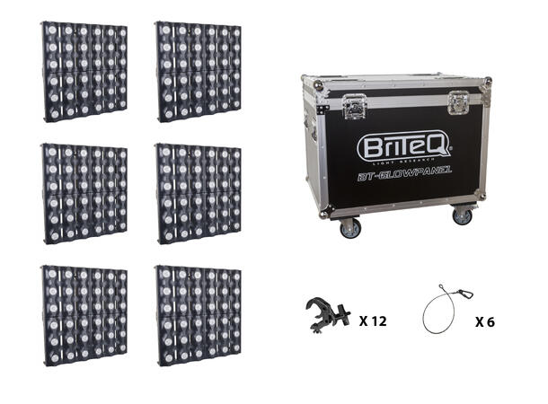 BRITEQ GLOWPANEL TP-6 tourpack 6 stk. i flightcase ink. clamp/wire