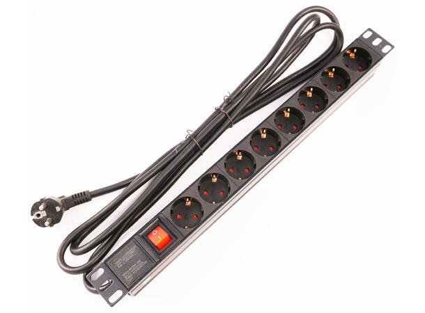 Kagu 19" rackstrøm 1U m/bryter 8 veis, 3,0 meter kabel. 16A, 3600W