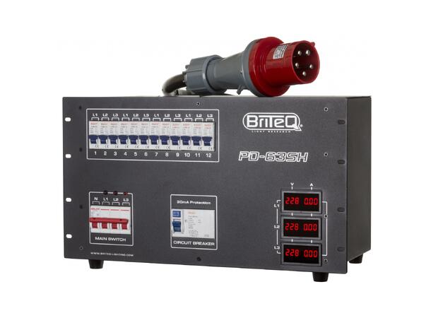 BRITEQ PD-63SH strømdistribusjon 12 x 16A ut på Schuko + harting og soca