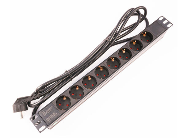 Kagu 19" Rackstrøm 1U u/bryter 8 veis, 3,0 meter kabel. 16A, 3600W