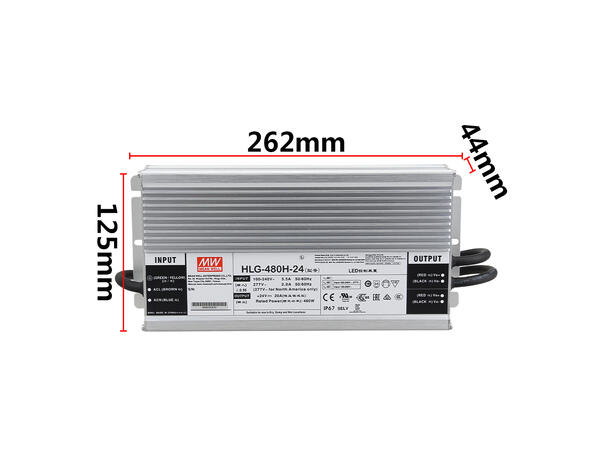 MEANWELL Strømforsyning 24VDC, 480W 20A. For LED strip etc. IP 67