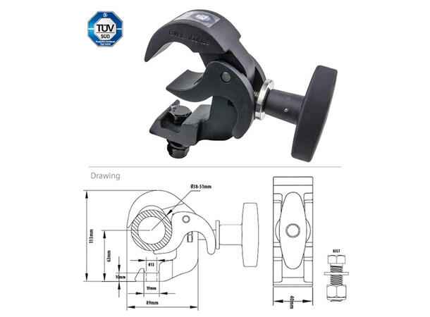 KUPO KCP-810B trigger clamp Ø38-51mm Sort. SWL 150Kg. M12. TUV