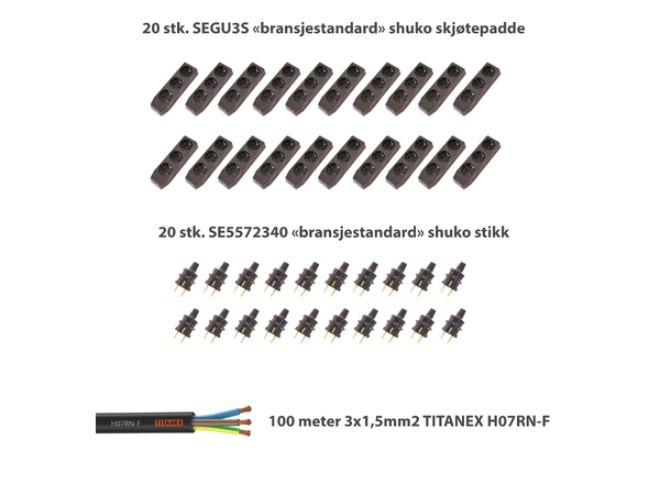 KAGU DIY Kabelpakke 20x5m, 3x1,5mm2 100m Titanex kabel + plugger & kontakter
