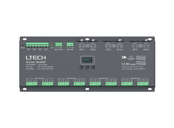 LTECH LED driver 32 kanaler, DMX 32 x 3A. Maks 96A. 12-24VDC inn