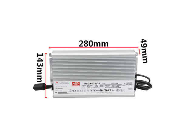 MEANWELL Strømforsyning 24VDC, 600W 25A. For LED strip etc. IP 67