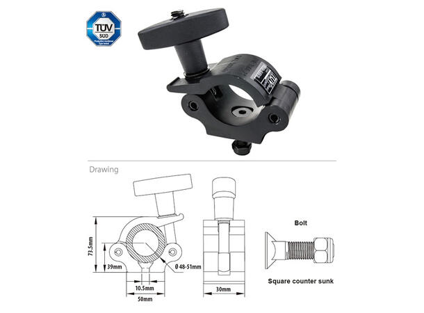 KUPO KCP-831B-T clamp for Ø48-51mm rør Sort. SWL 500Kg. M10. TUV