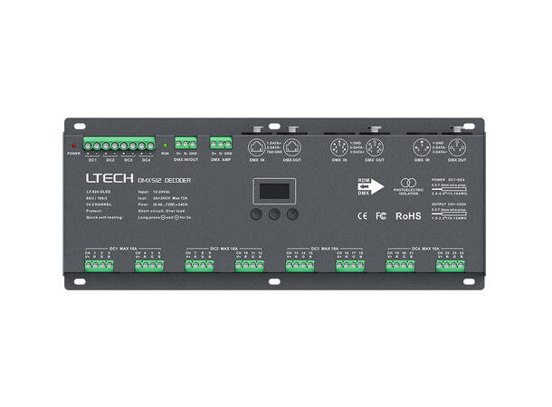 LTECH LED driver 24 kanaler, DMX 24 x 3A. Maks 72A. 12-24VDC inn