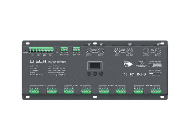LTECH LED driver 24 kanaler, DMX 24 x 3A. Maks 72A. 12-24VDC inn