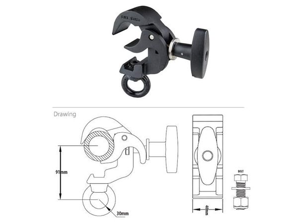 KUPO KCP-813B triggerclamp m/øye Sort. SWL 150Kg. Ø38-51mm, m/øye. TUV