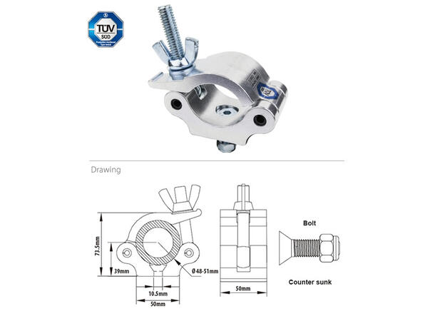KUPO KCP-831 clamp for Ø48-51mm rør Alu. SWL 500Kg. M10. TUV 