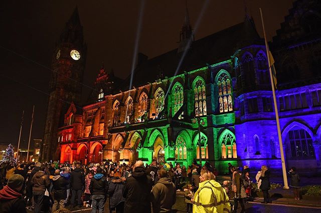 Christmas Light Switch On at @rochdaletownhall with 38 LEDJ Spectra Flood 18T3 Exterior Fixtures courtesy of @newimagelight 🏳️‍🌈 #christmas #lightswitchon #event #eventprofs #itsthemostwonderfultimeoftheyear #ledj #ip65 #waterproof